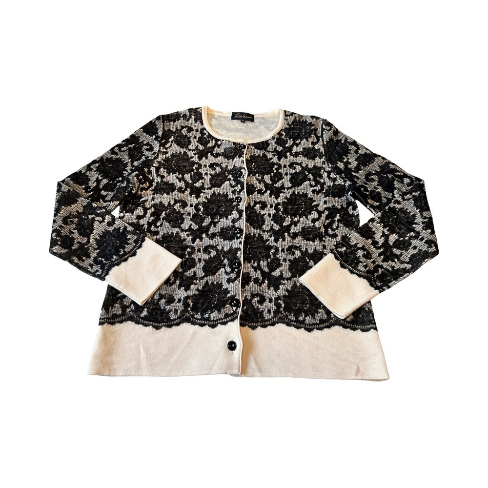 Luisa Spagnoli Black Cream Floral‎ Lace Intarsia Virgin Wool Cardigan Sweater M